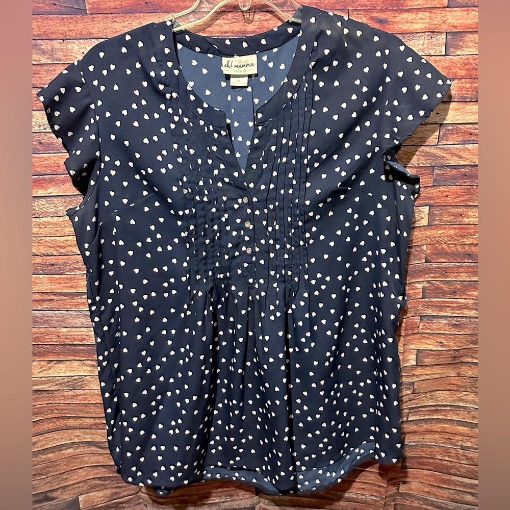 Navy Blue Babydoll Blouse with White Hearts